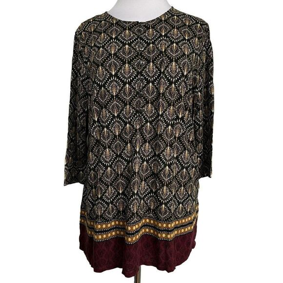 J. Jill Bordeaux Fan Geo Border Print Knit Pullover Tunic Top Sz L - Picture 1 of 10